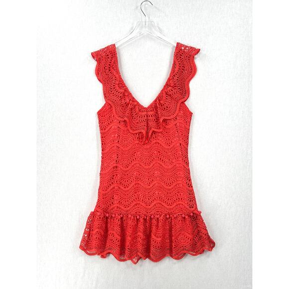 SAYLOR Crochet Lace Short Fern Dress Womens Medium Orange Sleeveless Ruffle Mini - Picture 6 of 16